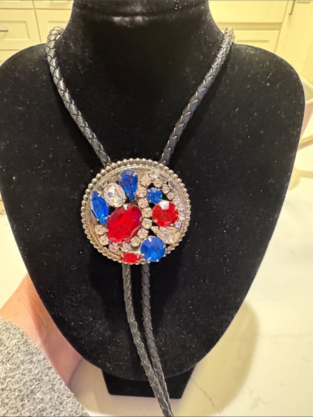 Crystal Bolo Tie Necklace with Red and Blue Gemstones